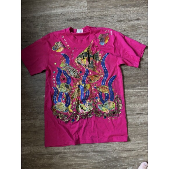 Hanes Other - VTG ARTIST PUFF PAINTED SIGNED UNDERWATER GRAPHIC PINK SINGLE STITCH T-SHIRT M